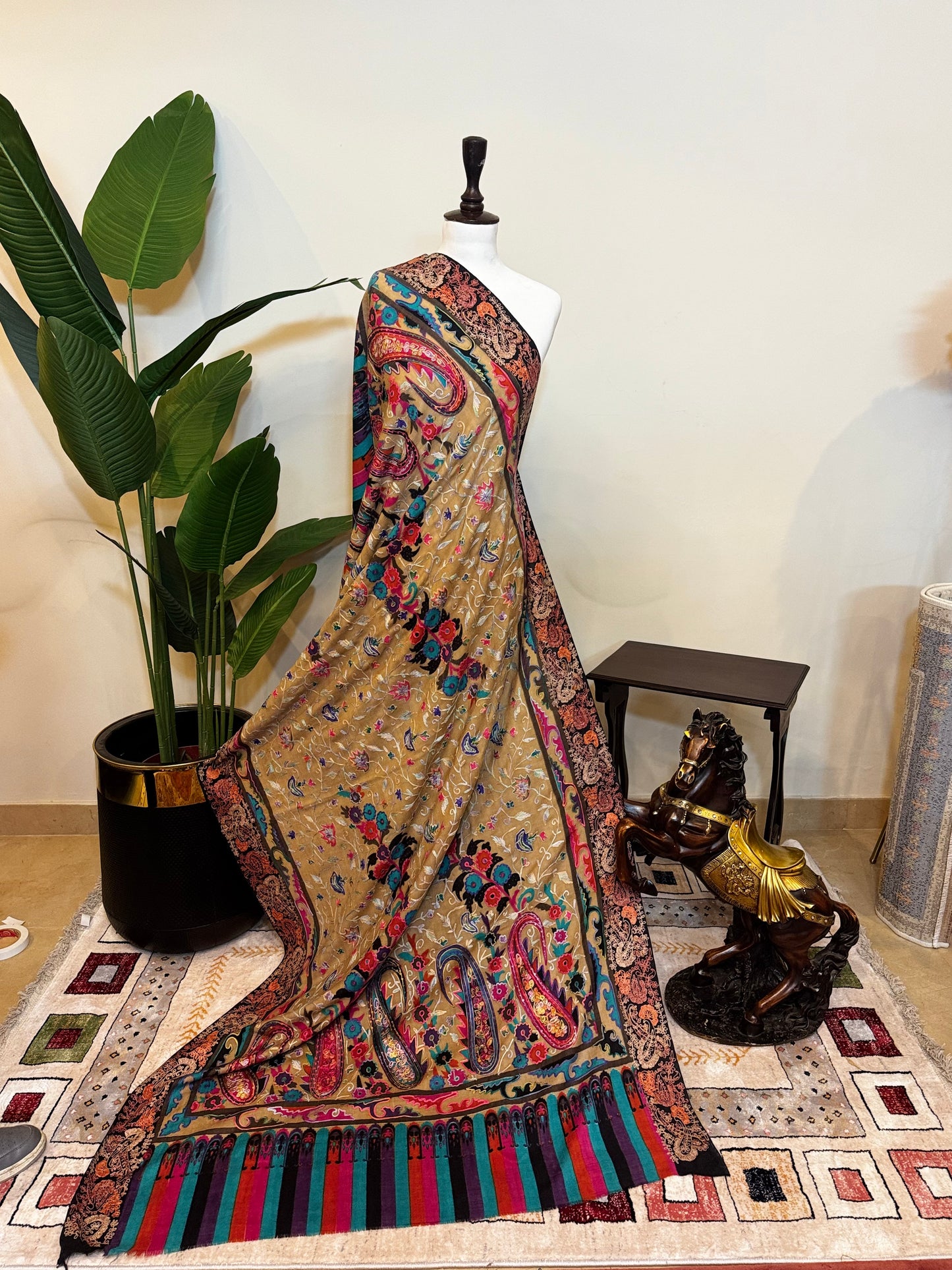 Kalamkari Pashmina Shawl ( Black/Pink Border )